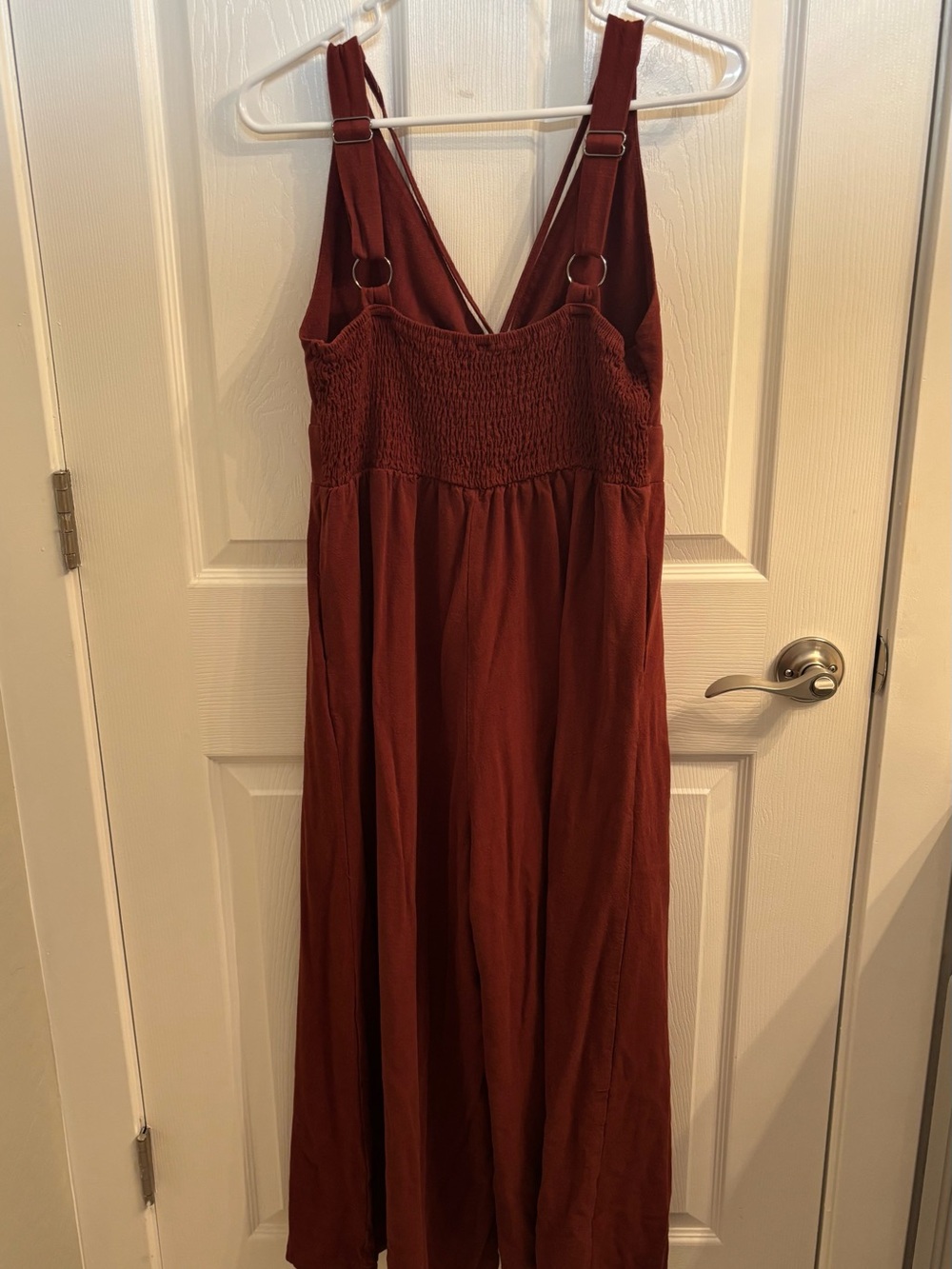 ANRABESS Rust Red Linen Blend Wide Leg Jumpsuit Deep V Smocked Back L - Picture 2 of 13
